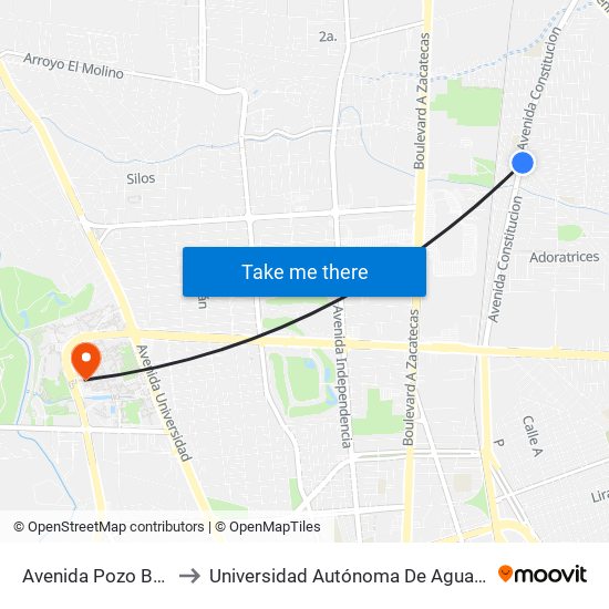 Avenida Pozo Bravo, 1 to Universidad Autónoma De Aguascalientes map