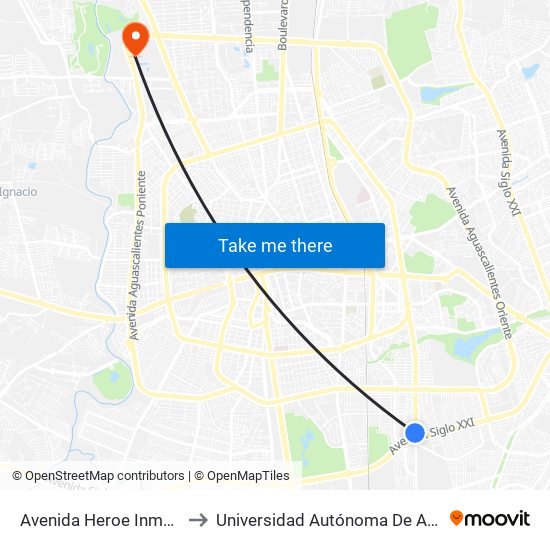 Avenida Heroe Inmortal, 1009 to Universidad Autónoma De Aguascalientes map
