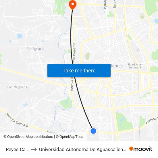 Reyes Cars to Universidad Autónoma De Aguascalientes map