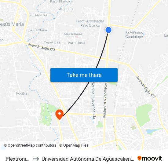 Flextronics to Universidad Autónoma De Aguascalientes map