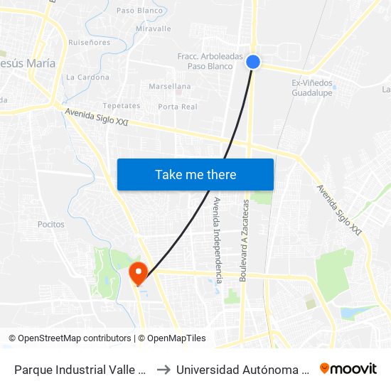 Parque Industrial Valle De Aguascalientes to Universidad Autónoma De Aguascalientes map