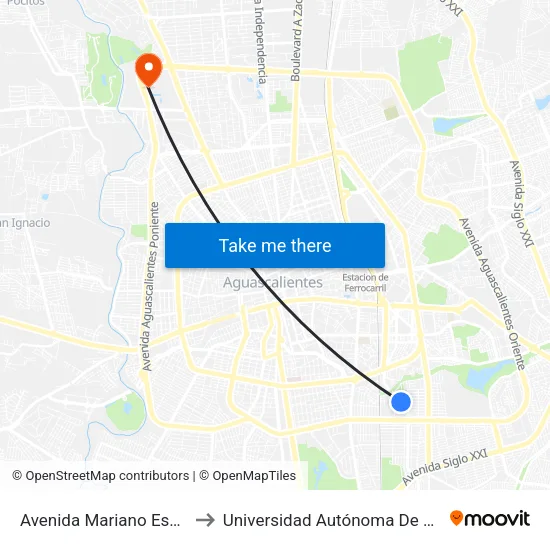 Avenida Mariano Escobedo, 117 to Universidad Autónoma De Aguascalientes map