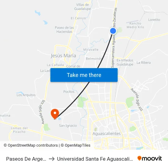 Paseos De Argenta to Universidad Santa Fe Aguascalientes map