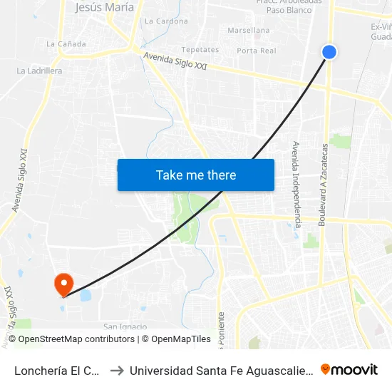 Lonchería El Coral to Universidad Santa Fe Aguascalientes map