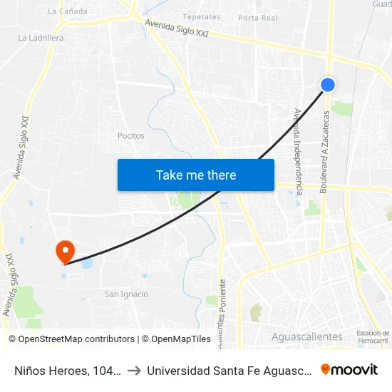 Niños Heroes, 104(118) to Universidad Santa Fe Aguascalientes map