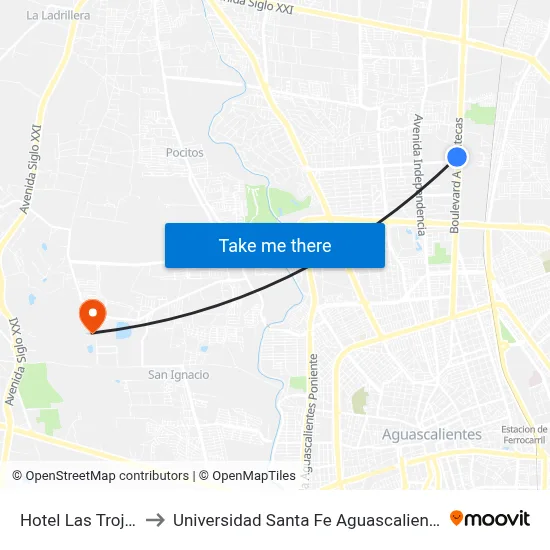 Hotel Las Trojes to Universidad Santa Fe Aguascalientes map