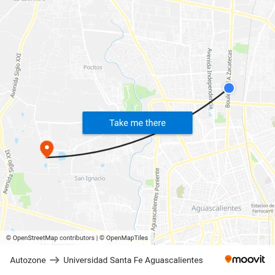 Autozone to Universidad Santa Fe Aguascalientes map