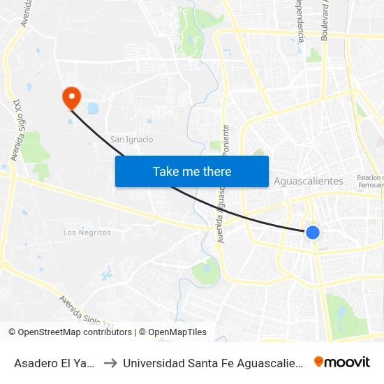 Asadero El Yaqui to Universidad Santa Fe Aguascalientes map