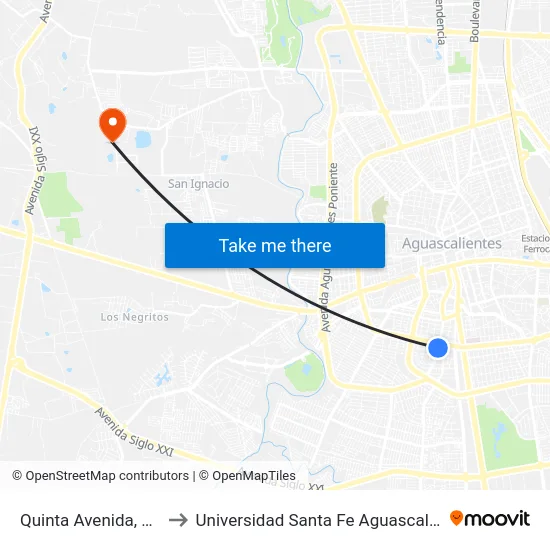 Quinta Avenida, 602a to Universidad Santa Fe Aguascalientes map