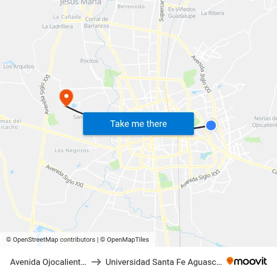 Avenida Ojocaliente, 301 to Universidad Santa Fe Aguascalientes map