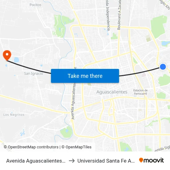 Avenida Aguascalientes Oriente, 1949 to Universidad Santa Fe Aguascalientes map