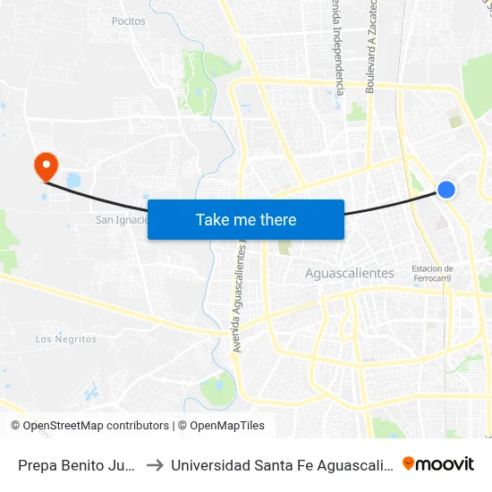 Prepa Benito Juárez to Universidad Santa Fe Aguascalientes map