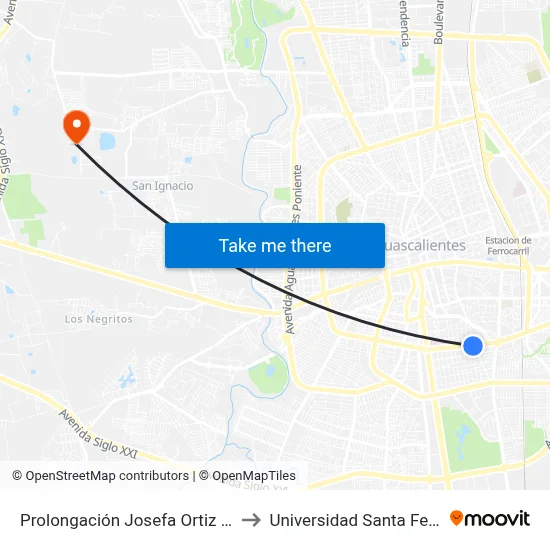 Prolongación Josefa Ortiz De Domínguez, 101 to Universidad Santa Fe Aguascalientes map