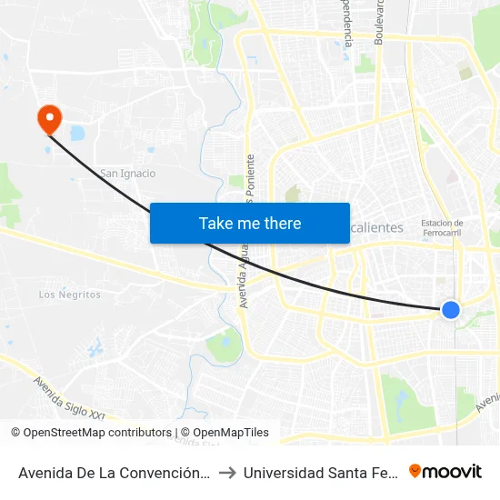 Avenida De La Convención De 1914 Sur, 1237 to Universidad Santa Fe Aguascalientes map