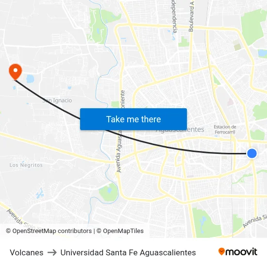 Volcanes to Universidad Santa Fe Aguascalientes map