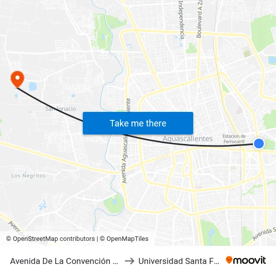 Avenida De La Convención De 1914 Oriente, 202a to Universidad Santa Fe Aguascalientes map
