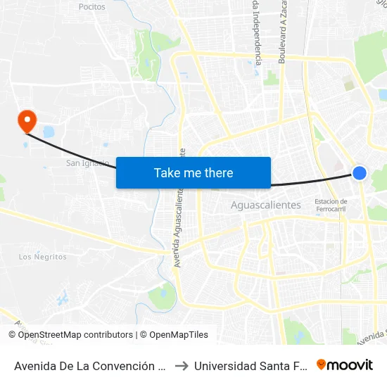 Avenida De La Convención De 1914 Oriente, 301b to Universidad Santa Fe Aguascalientes map