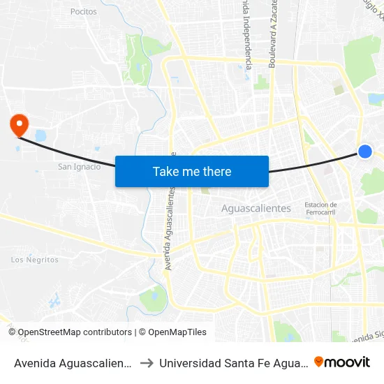 Avenida Aguascalientes, 1901 to Universidad Santa Fe Aguascalientes map