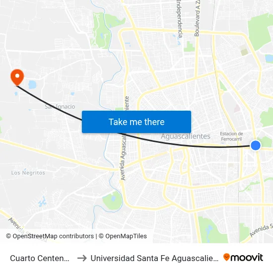 Cuarto Centenario to Universidad Santa Fe Aguascalientes map