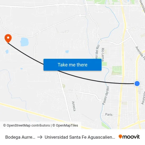 Bodega Aurrera to Universidad Santa Fe Aguascalientes map