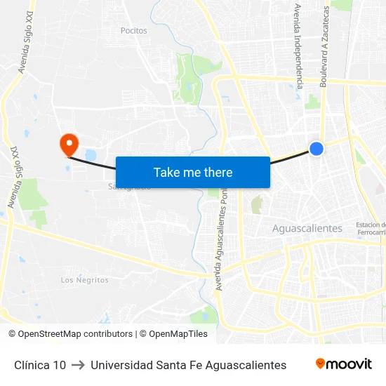 Clínica 10 to Universidad Santa Fe Aguascalientes map