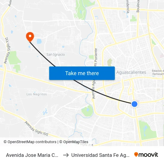 Avenida Jose Maria Chavez, 1531 to Universidad Santa Fe Aguascalientes map