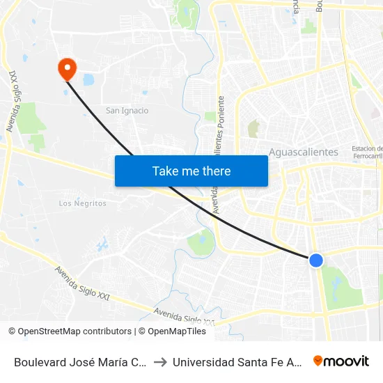 Boulevard José María Chávez, 1605a to Universidad Santa Fe Aguascalientes map