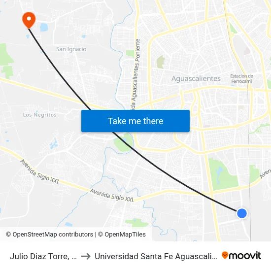 Julio Diaz Torre, 110 to Universidad Santa Fe Aguascalientes map