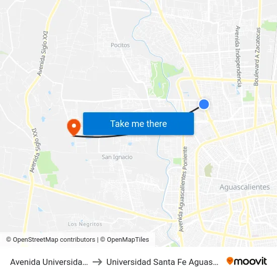 Avenida Universidad, 627 to Universidad Santa Fe Aguascalientes map