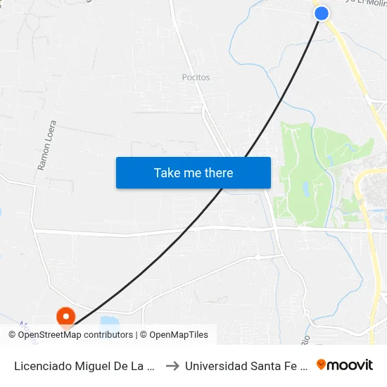 Licenciado Miguel De La Madrid Hurtado, 2 to Universidad Santa Fe Aguascalientes map