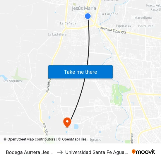 Bodega Aurrera Jesús María to Universidad Santa Fe Aguascalientes map