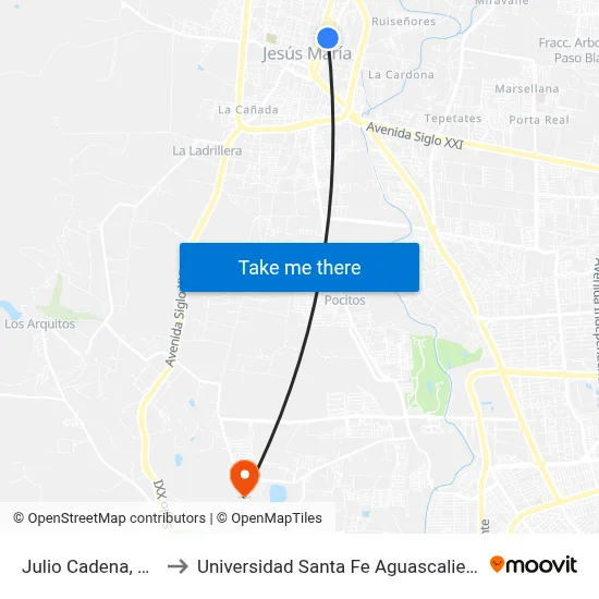 Julio Cadena, 515 to Universidad Santa Fe Aguascalientes map