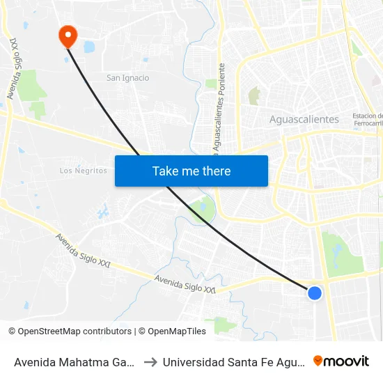 Avenida Mahatma Gandhi, 511a to Universidad Santa Fe Aguascalientes map