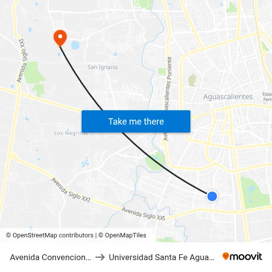 Avenida Convencion, 2504a to Universidad Santa Fe Aguascalientes map