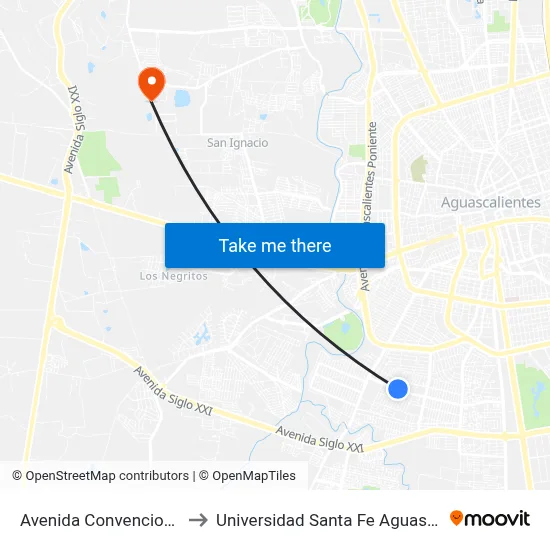 Avenida Convencion, 1002 to Universidad Santa Fe Aguascalientes map