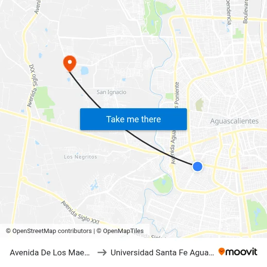 Avenida De Los Maestros 802 to Universidad Santa Fe Aguascalientes map
