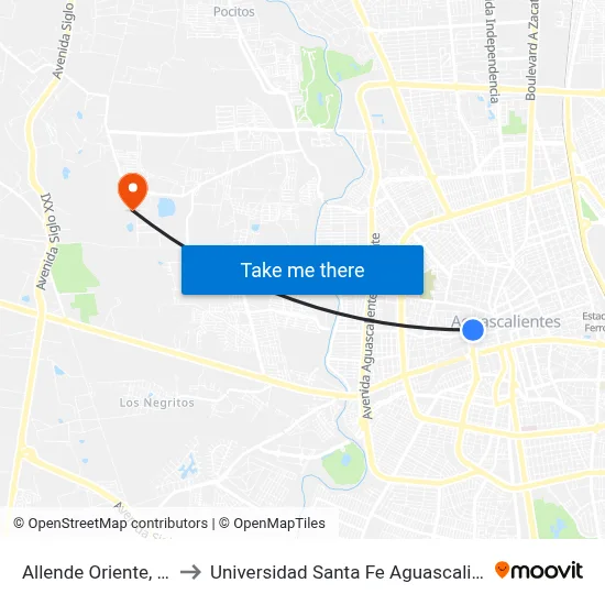 Allende Oriente, 336 to Universidad Santa Fe Aguascalientes map