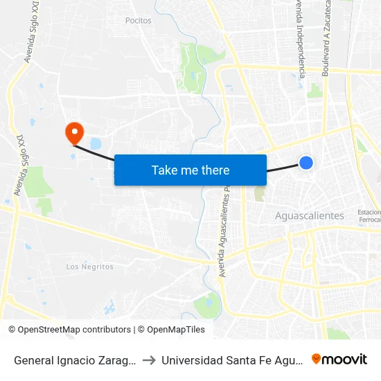 General Ignacio Zaragoza, 1117 to Universidad Santa Fe Aguascalientes map