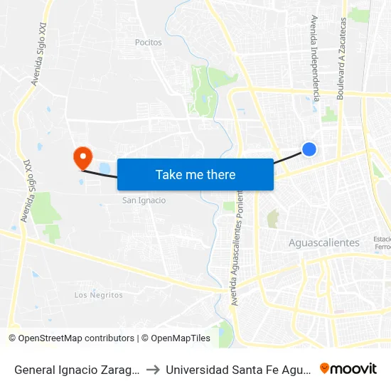General Ignacio Zaragoza, 1751 to Universidad Santa Fe Aguascalientes map