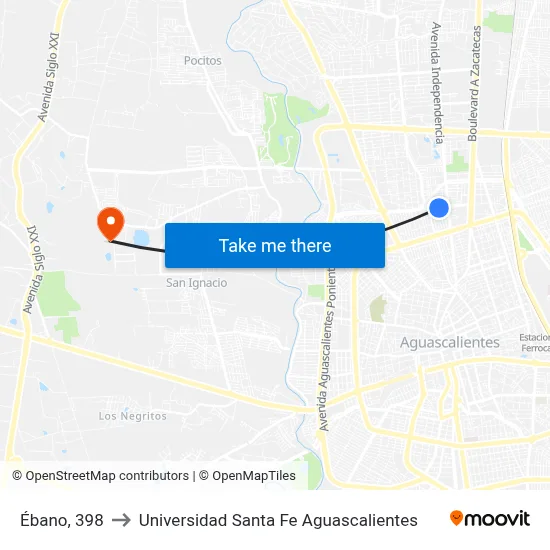 Ébano, 398 to Universidad Santa Fe Aguascalientes map