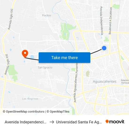 Avenida Independencia, 1017(Int) to Universidad Santa Fe Aguascalientes map