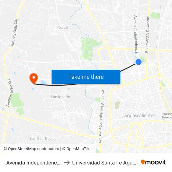 Avenida Independencia, Sn(Lb) to Universidad Santa Fe Aguascalientes map