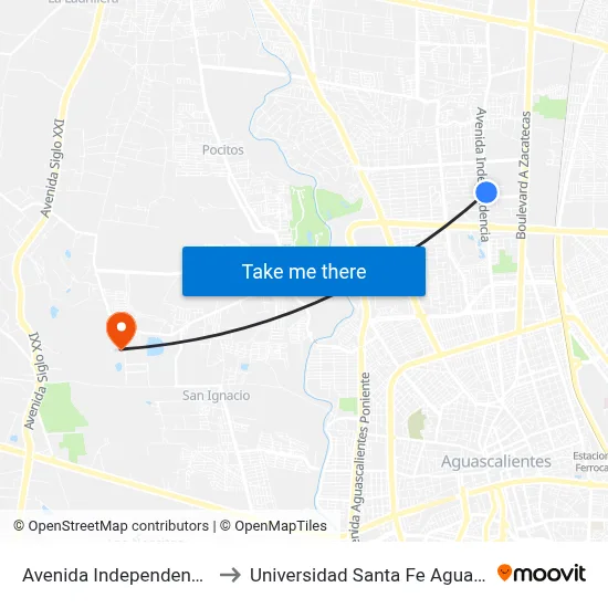 Avenida Independencia, 1861 to Universidad Santa Fe Aguascalientes map