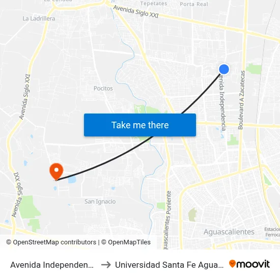 Avenida Independencia, 2101 to Universidad Santa Fe Aguascalientes map