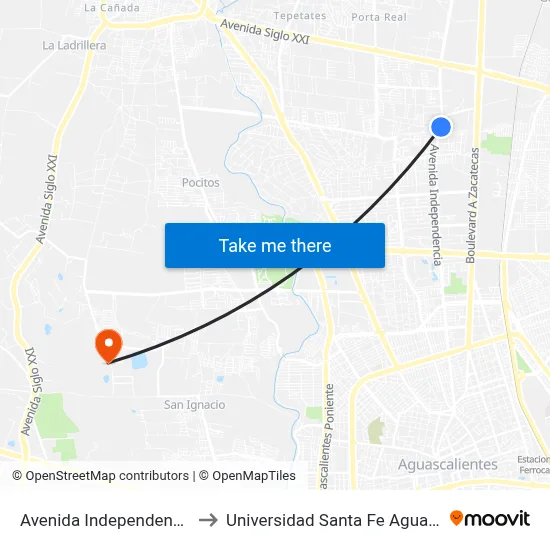 Avenida Independencia, 2316 to Universidad Santa Fe Aguascalientes map