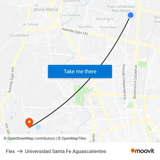 Flex to Universidad Santa Fe Aguascalientes map