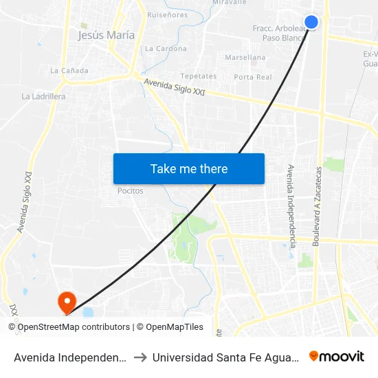 Avenida Independencia, 107 to Universidad Santa Fe Aguascalientes map