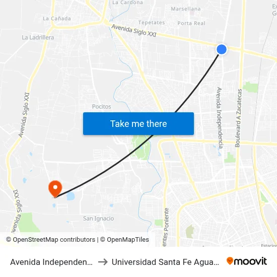 Avenida Independencia, 300 to Universidad Santa Fe Aguascalientes map
