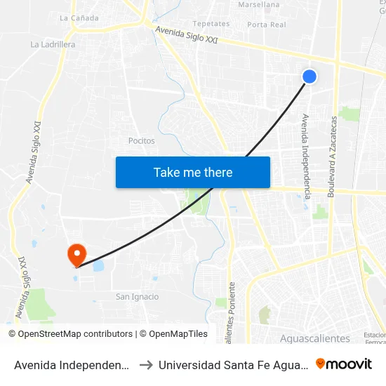 Avenida Independencia, 2530 to Universidad Santa Fe Aguascalientes map