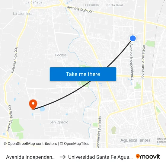 Avenida Independencia, 2316 to Universidad Santa Fe Aguascalientes map